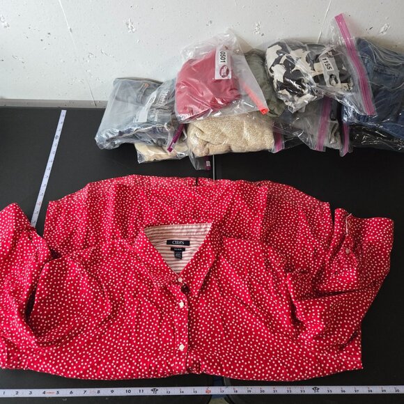 Chaps Womens No Iron Long Sleeve Button red Polka Dot Top Plus Size 3X Career - Picture 7 of 10